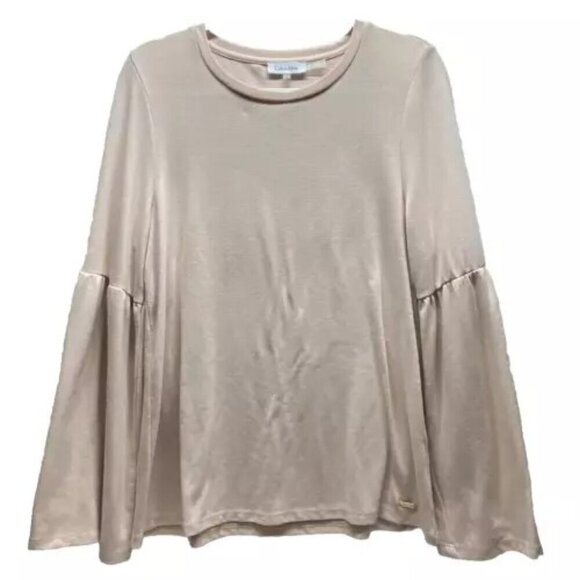 Calvin Klein Women's Large Bell Sleeve Blouse Light Pink Knit Rayon Blend Boho - Picture 1 of 10